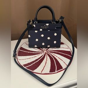 Kate Spade Staci Orchard Apple Small Saffiano Satchel Crossbody Bag- Purse Navy